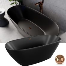 HD Aurora Matt Black 170x75 ovális térben álló akril kád rózsa arany túlfolyóval és click-clack leeresztővel