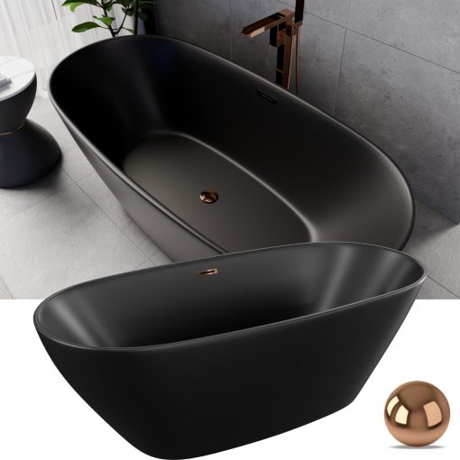 HD Aurora Matt Black 170x75 ovális térben álló akril kád rózsa arany túlfolyóval és click-clack leeresztővel
