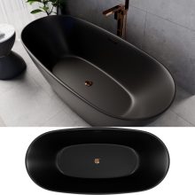 HD Aurora Matt Black 170x75 ovális térben álló akril kád rózsa arany túlfolyóval és click-clack leeresztővel