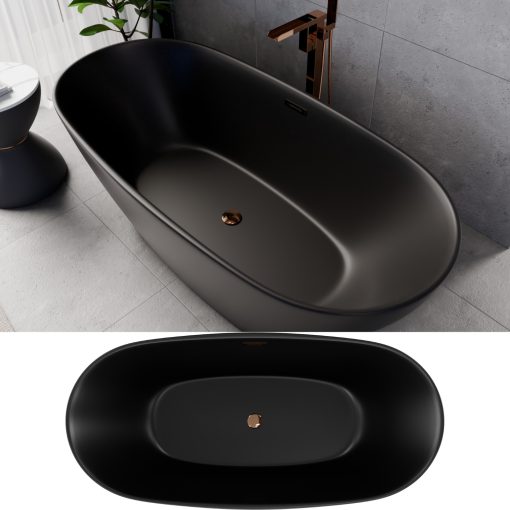 HD Aurora Matt Black 170x75 ovális térben álló akril kád rózsa arany túlfolyóval és click-clack leeresztővel