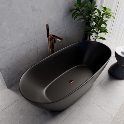 HD Aurora Matt Black 170x75 ovális térben álló akril kád rózsa arany túlfolyóval és click-clack leeresztővel