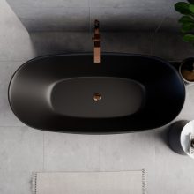 HD Aurora Matt Black 170x75 ovális térben álló akril kád rózsa arany túlfolyóval és click-clack leeresztővel