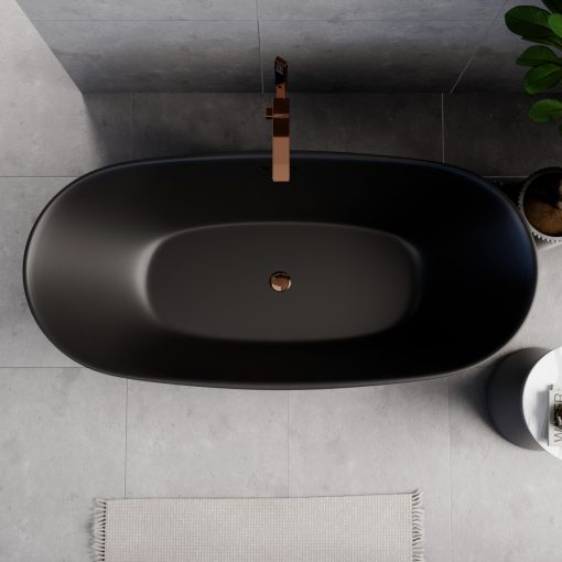 HD Aurora Matt Black 170x75 ovális térben álló akril kád rózsa arany túlfolyóval és click-clack leeresztővel