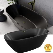 HD Aurora Matt Black 170x75 ovális térben álló akril kád fényes arany túlfolyóval és click-clack leeresztővel