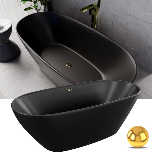 HD Aurora Matt Black 170x75 ovális térben álló akril kád fényes arany túlfolyóval és click-clack leeresztővel