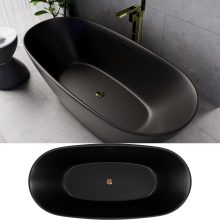 HD Aurora Matt Black 170x75 ovális térben álló akril kád fényes arany túlfolyóval és click-clack leeresztővel