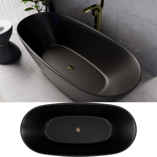 HD Aurora Matt Black 170x75 ovális térben álló akril kád fényes arany túlfolyóval és click-clack leeresztővel