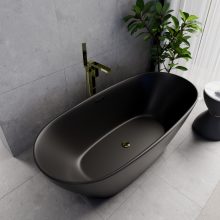 HD Aurora Matt Black 170x75 ovális térben álló akril kád fényes arany túlfolyóval és click-clack leeresztővel