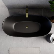 HD Aurora Matt Black 170x75 ovális térben álló akril kád fényes arany túlfolyóval és click-clack leeresztővel