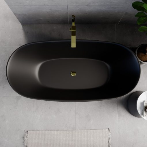 HD Aurora Matt Black 170x75 ovális térben álló akril kád fényes arany túlfolyóval és click-clack leeresztővel