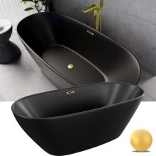 HD Aurora Matt Black 170x75 ovális térben álló akril kád szálcsiszolt arany túlfolyóval és click-clack leeresztővel