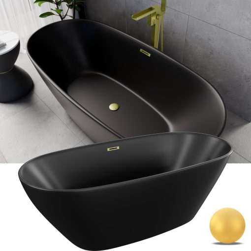 HD Aurora Matt Black 170x75 ovális térben álló akril kád szálcsiszolt arany túlfolyóval és click-clack leeresztővel