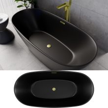 HD Aurora Matt Black 170x75 ovális térben álló akril kád szálcsiszolt arany túlfolyóval és click-clack leeresztővel