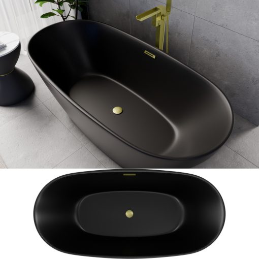 HD Aurora Matt Black 170x75 ovális térben álló akril kád szálcsiszolt arany túlfolyóval és click-clack leeresztővel