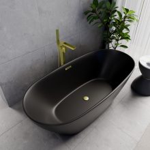 HD Aurora Matt Black 170x75 ovális térben álló akril kád szálcsiszolt arany túlfolyóval és click-clack leeresztővel