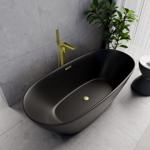 HD Aurora Matt Black 170x75 ovális térben álló akril kád szálcsiszolt arany túlfolyóval és click-clack leeresztővel