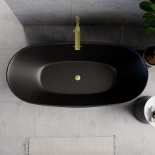 HD Aurora Matt Black 170x75 ovális térben álló akril kád szálcsiszolt arany túlfolyóval és click-clack leeresztővel