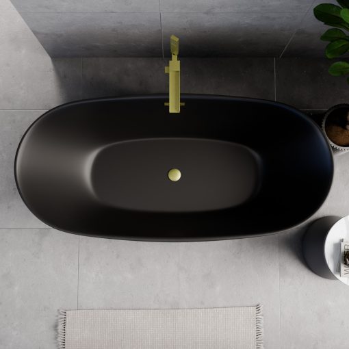 HD Aurora Matt Black 170x75 ovális térben álló akril kád szálcsiszolt arany túlfolyóval és click-clack leeresztővel