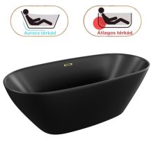 HD Aurora Matt Black 170x75 ovális térben álló akril kád szálcsiszolt arany túlfolyóval és click-clack leeresztővel