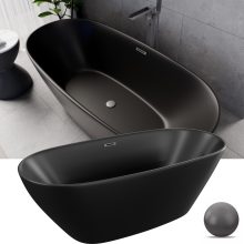 HD Aurora Matt Black 170x75 ovális térben álló akril kád szürke túlfolyóval és click-clack leeresztővel