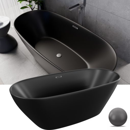 HD Aurora Matt Black 170x75 ovális térben álló akril kád szürke túlfolyóval és click-clack leeresztővel