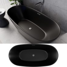 HD Aurora Matt Black 170x75 ovális térben álló akril kád szürke túlfolyóval és click-clack leeresztővel