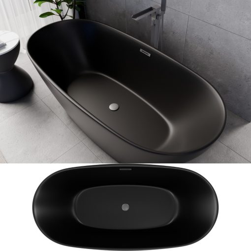 HD Aurora Matt Black 170x75 ovális térben álló akril kád szürke túlfolyóval és click-clack leeresztővel