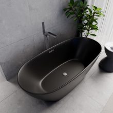 HD Aurora Matt Black 170x75 ovális térben álló akril kád szürke túlfolyóval és click-clack leeresztővel