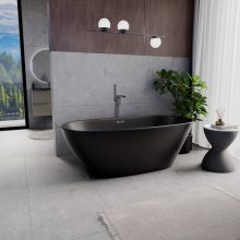 HD Aurora Matt Black 170x75 ovális térben álló akril kád szürke túlfolyóval és click-clack leeresztővel