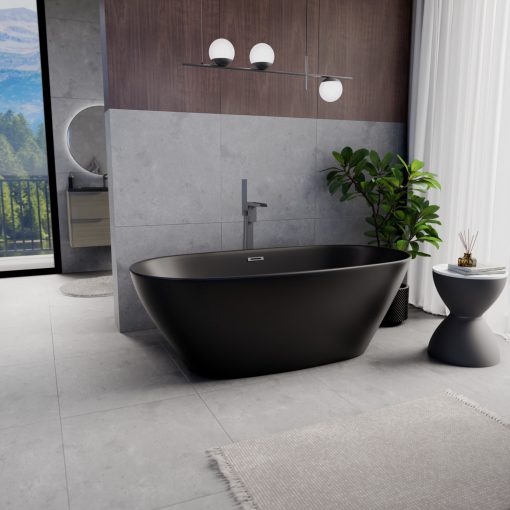 HD Aurora Matt Black 170x75 ovális térben álló akril kád szürke túlfolyóval és click-clack leeresztővel