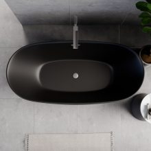 HD Aurora Matt Black 170x75 ovális térben álló akril kád szürke túlfolyóval és click-clack leeresztővel