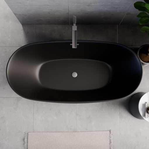 HD Aurora Matt Black 170x75 ovális térben álló akril kád szürke túlfolyóval és click-clack leeresztővel