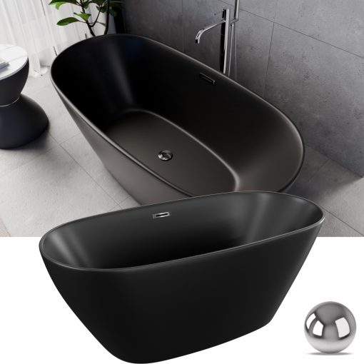 HD Aurora Matt Black 150/160/170 cm hosszú ovális térben álló akril kád fényes króm túlfolyóval és click-clack leeresztővel