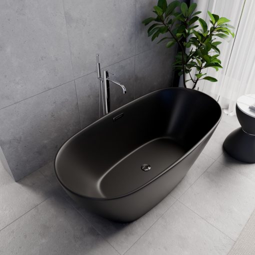 HD Aurora Matt Black 150/160/170 cm hosszú ovális térben álló akril kád fényes króm túlfolyóval és click-clack leeresztővel