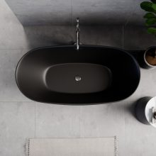 HD Aurora Matt Black 150/160/170 cm hosszú ovális térben álló akril kád fényes króm túlfolyóval és click-clack leeresztővel