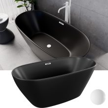 HD Aurora Matt Black 150/160/170 cm hosszú ovális térben álló akril kád matt fehér túlfolyóval és click-clack leeresztővel