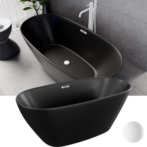 HD Aurora Matt Black 150/160/170 cm hosszú ovális térben álló akril kád matt fehér túlfolyóval és click-clack leeresztővel