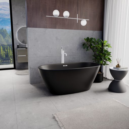 HD Aurora Matt Black 150/160/170 cm hosszú ovális térben álló akril kád matt fehér túlfolyóval és click-clack leeresztővel