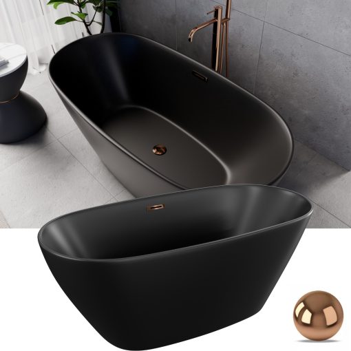HD Aurora Matt Black 150/160/170 cm hosszú ovális térben álló akril kád rózsa arany túlfolyóval és click-clack leeresztővel