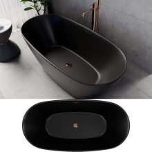 HD Aurora Matt Black 150/160/170 cm hosszú ovális térben álló akril kád rózsa arany túlfolyóval és click-clack leeresztővel