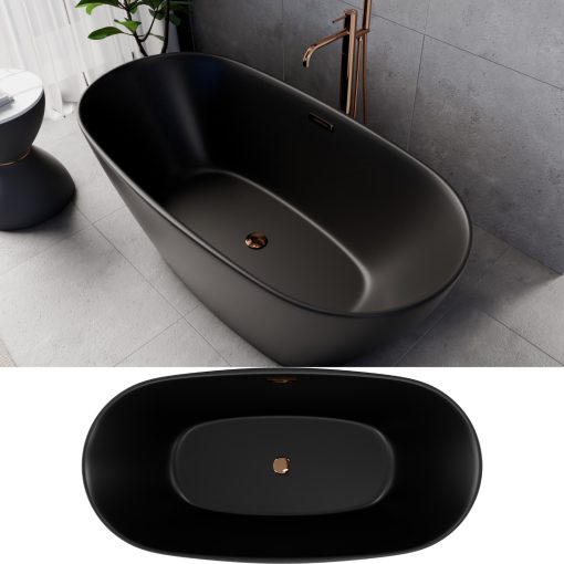 HD Aurora Matt Black 150/160/170 cm hosszú ovális térben álló akril kád rózsa arany túlfolyóval és click-clack leeresztővel