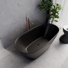 HD Aurora Matt Black 150/160/170 cm hosszú ovális térben álló akril kád rózsa arany túlfolyóval és click-clack leeresztővel