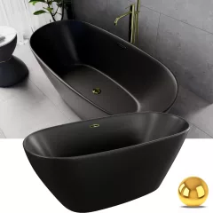   HD Aurora Matt Black 150/160/170 cm hosszú ovális térben álló akril kád fényes arany túlfolyóval és click-clack leeresztővel