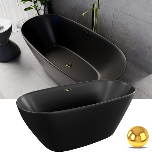 HD Aurora Matt Black 150/160/170 cm hosszú ovális térben álló akril kád fényes arany túlfolyóval és click-clack leeresztővel