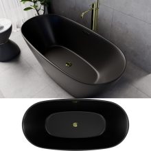 HD Aurora Matt Black 150/160/170 cm hosszú ovális térben álló akril kád fényes arany túlfolyóval és click-clack leeresztővel