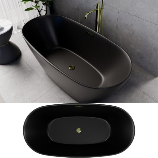 HD Aurora Matt Black 150/160/170 cm hosszú ovális térben álló akril kád fényes arany túlfolyóval és click-clack leeresztővel