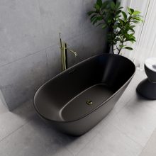 HD Aurora Matt Black 150/160/170 cm hosszú ovális térben álló akril kád fényes arany túlfolyóval és click-clack leeresztővel