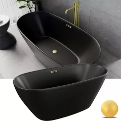   HD Aurora Matt Black 150/160/170 cm hosszú ovális térben álló akril kád szálcsiszolt arany túlfolyóval és click-clack leeresztővel