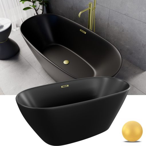 HD Aurora Matt Black 150/160/170 cm hosszú ovális térben álló akril kád szálcsiszolt arany túlfolyóval és click-clack leeresztővel