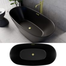 HD Aurora Matt Black 150/160/170 cm hosszú ovális térben álló akril kád szálcsiszolt arany túlfolyóval és click-clack leeresztővel